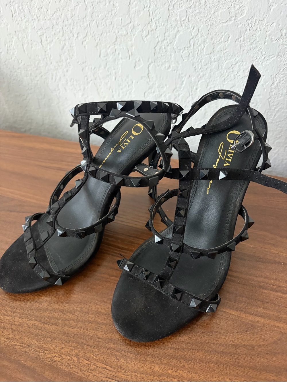 Olivia Miller Black Studded Strappy Suede Heels